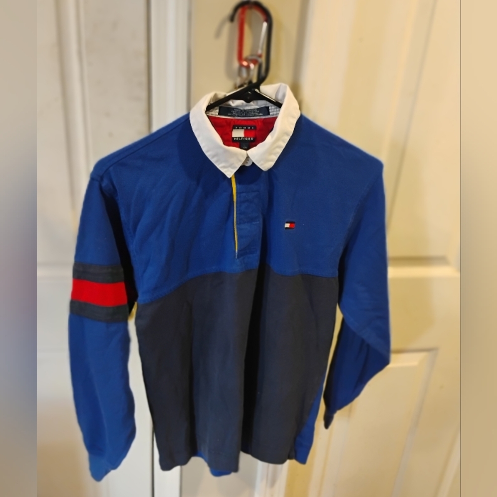 Vintage Tommy Hilfiger Blue and Dark Gray Long Sleeve Shirt
